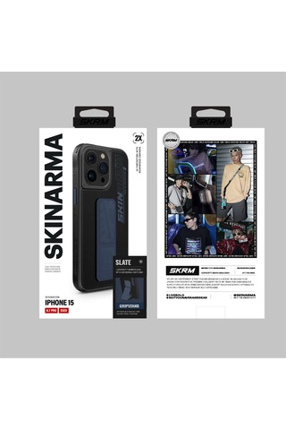 Apple Uyumlu iPhone 15 Pro Max Kılıf Skinarma Standlı Deri Görünümlü Slate Kapak Mavi