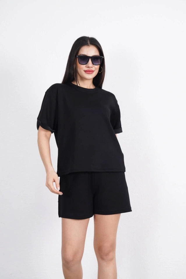 Buğrahayalin Osy Modal Yumuşak Dokulu Kumaş Bisiklet Yaka T-shirt Kısa Şort İkili Takım - Siyah Siyah