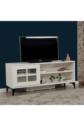 Revival Beyaz Metal Ayaklı Tv Ünitesi 125Cm / Cam Sürgülü Kapaklı