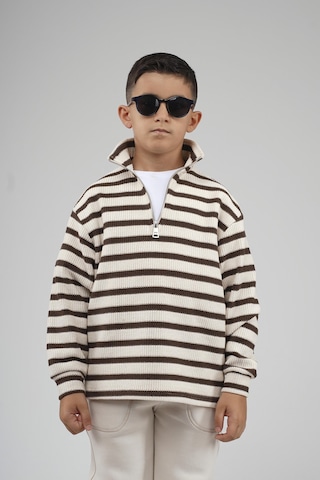 King-Brich Kingbrich Kids Oversize Kalıp Çizgili Yakası Fermuarlı Sweatshirt Kahve