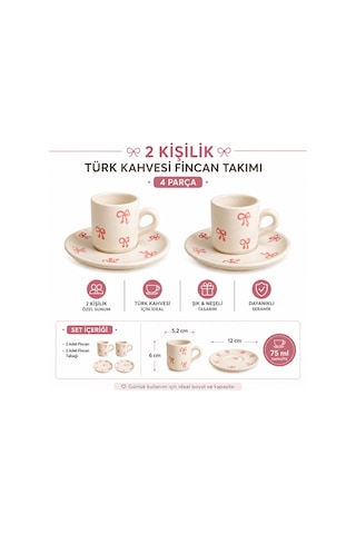 El Yapımı Seramik Türk Kahvesi Fincan Takımı,2 Kişilik-4 Parça Fincan Seti,75 Ml Çok Renkli - Pembe Kurdele Desen
