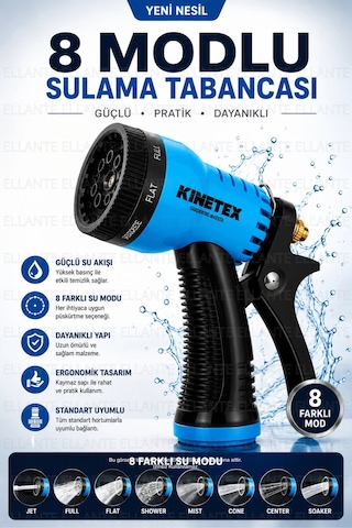 8 Modlu Sulama Tabancası Ayarlanabilir Basınçlı Bahçe Sulama Ve Araç Yıkama Tabancası