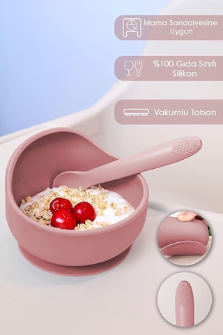 Meleni Baby 2'li Silikon Bebek Beslenme Seti - Vakumlu Mama Kasesi - Diş Kaşıyıcı Silikon Kaşık - Pembe Genel