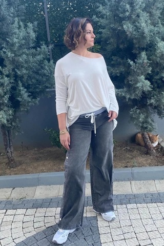 Büyük Beden Gri Yandan Çıtçıt Detaylı Kot Pantolon Gri