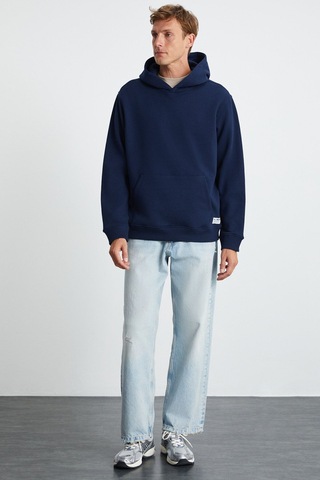 Grimelange GILMAR Erkek Şardonlu 3 İplik Kapüşonlu Kanguru Cepli Lacivert Sweatshirt