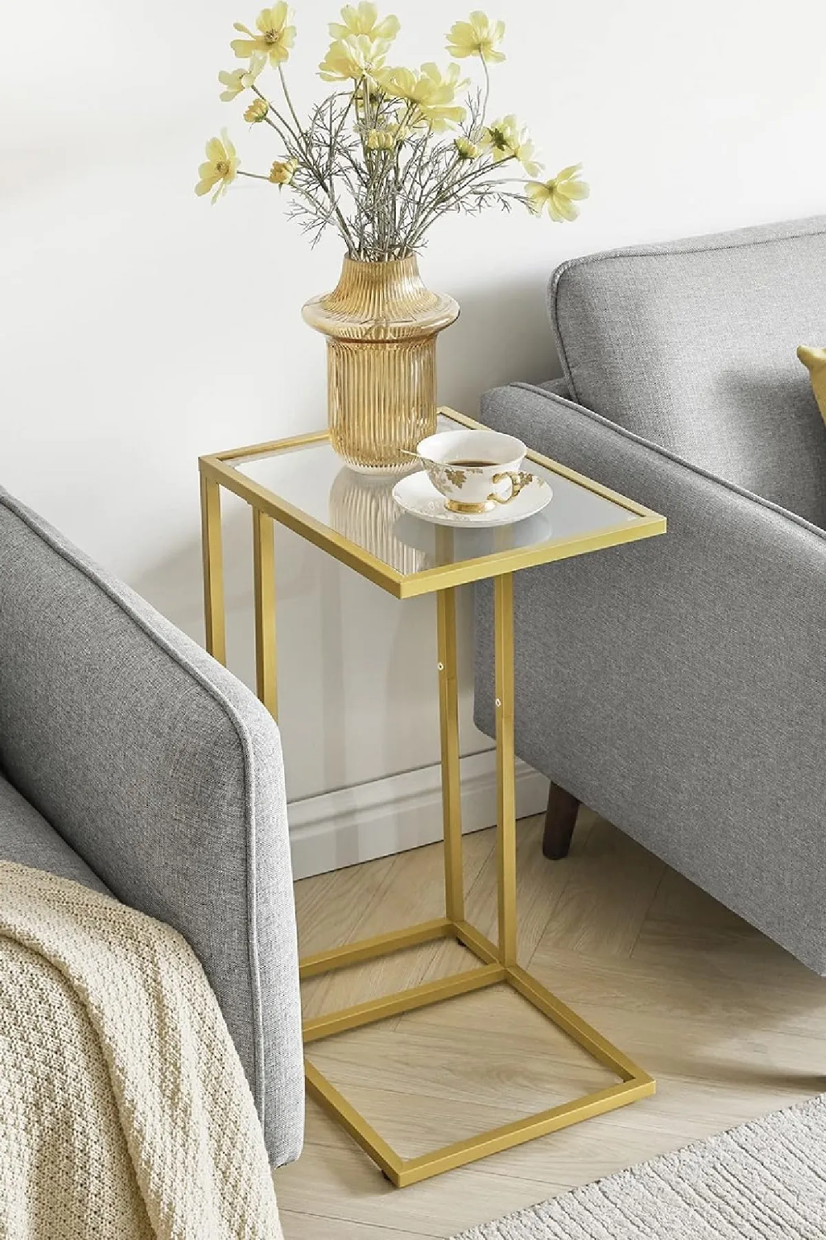 Şeffaf Temperli Cam C Sehpa Koltuk Sehpası Gold-şeffaf