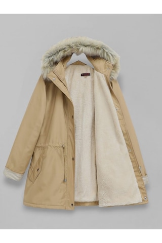 Kürklü Çıkma Kapşonlu İçi Peluşlu Mont -vizon Göründüğü Gibi