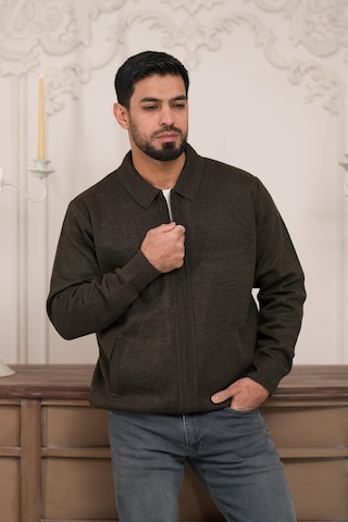 Woolen World Polo Yaka Fermuar Kapamalı Klasik Kesim Astarlı Çelik Örgü Hırka Kahverengi