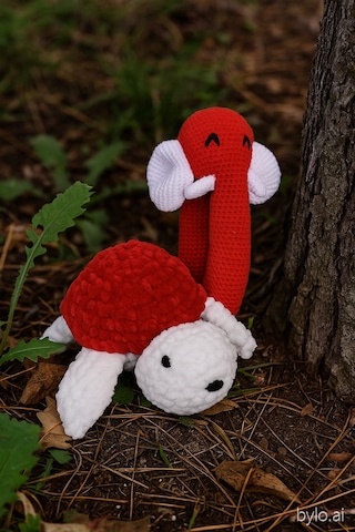 El Yapımı Kırmızı Çıngıraklı Set Fil Ve Kaplumbağa %100 Pamuk, Bebekler İçin Güvenli Beyaz - Kırmızı