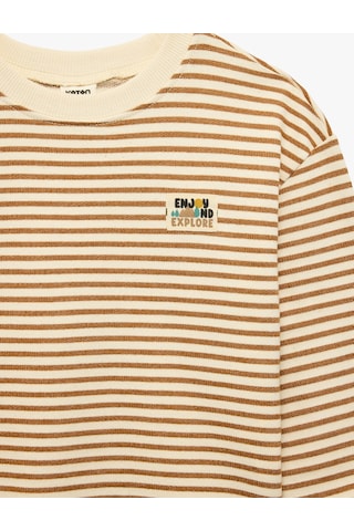Koton Pamuklu Uzun Kollu Bisiklet Yaka Çizgili Oversize Sweatshirt Ekru Çizgili 7wmb10091tk