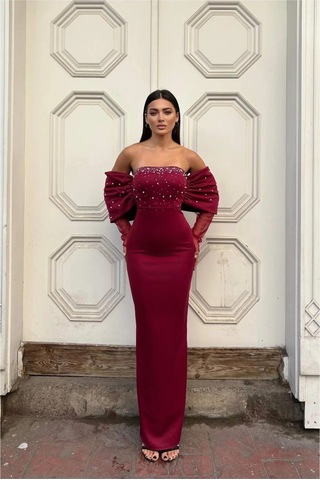 Alfa Aksesuar 03 Esnek Abiye Elbise Tül Straplez Kumaş Bordo