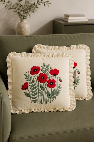 2'li Fırfırlı Gelincik Desenli Dekoratif Kırlent Kılıfı %100 Pamuk Organik Boya Baskılı 45x45 Cm Çok Renkli