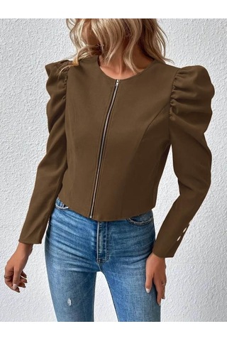 Kadın Uzun Kollu Önden Fermuarlı Balon Kol Süet Ceket Siyah