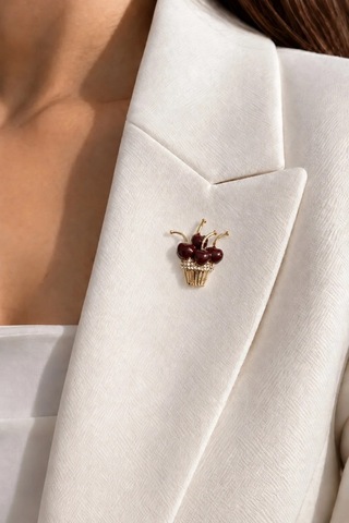 Premium Vişneli Cupcake Broş Gold Renk Minik Bordo Mineli Aksesuar Stil Küçük