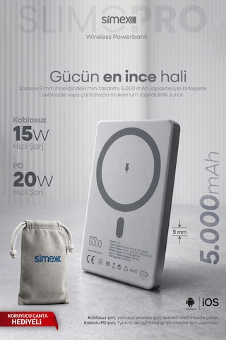 Simex İphone Uyumlu 5000mah Magsafe 20w Kablosuz Powerbank Şarj Cihazı Taşınabilir 17 16 15 14 13 12 P Max Standart