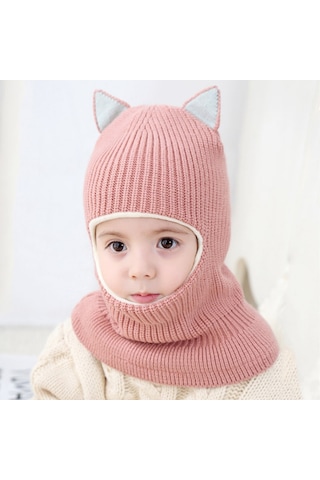 Hqgoodstore Sonbahar Ve Kış Yeni Moda Basit Saf Renk Çocuklar Sevimli Küçük Tilki Kulakları Artı Kadife Kalın Sıcak Örgü Yapışık Şapka Pembe Pembe Küçük Tilki Kulakları Pembe