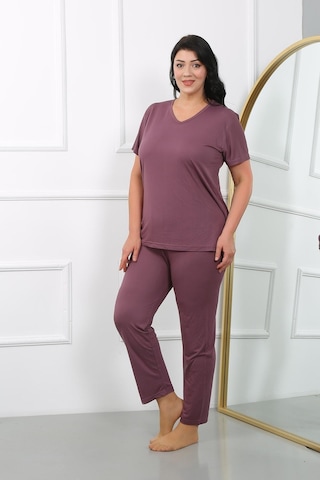 Akbeniz Kadın Büyük Beden Kısa Kol Penye Pijama Takımı Mürdüm 202405-mürdüm Mürdüm