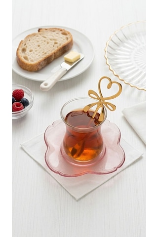 6'lı Kalpli Fiyonklu Gold Kahve Çay Kaşığı Seti-6 Lı Set Şık Sunum Kaşığı