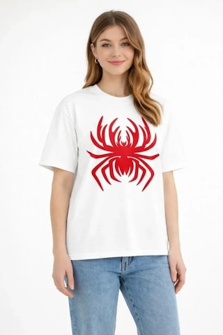 Defymoda Örümcek Baskılı Tişört Kısa Kollu Bisiklet Yaka T-shirt - Beyaz