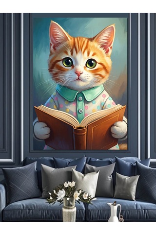 Ahşap Tablo Kitap Okuyan Sevimli Kedi