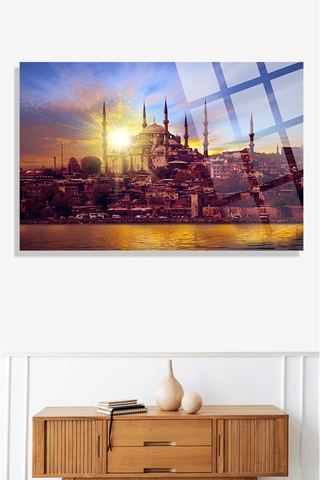 İstanbul Gün Batımı Cami Manzarası 4mm Kırılmaz Temperli Yüksek Çözünürlüklü Cam Tablo