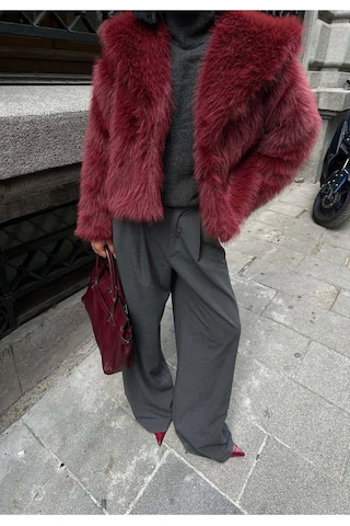 Glammoss L'atelier Kabarık Yaka Kürk Ceket Glm-579 Bordo Bordo