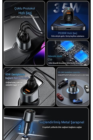 Essager 120w Araç Şarjı Genişletme Bağlantı Noktası Type-c+usb