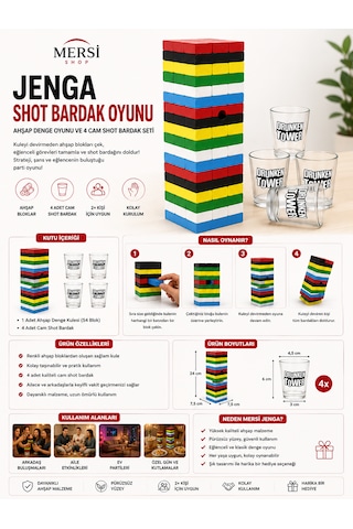 Jenga Shot Bardak Oyunu Ahşap Denge Oyunu Ve 4 Cam Shot Bardak Seti