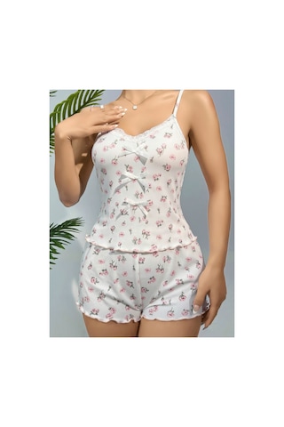 Lily Bianca Nightwear Çiçek Desenli Penye Gecelik Beyaz