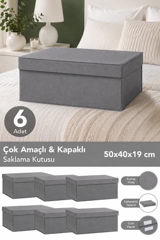 6'lı Organizer Baza Hurç Seti - Çok Amaçlı Kapaklı Saklama Kutusu 50x40x19cm Antrasit