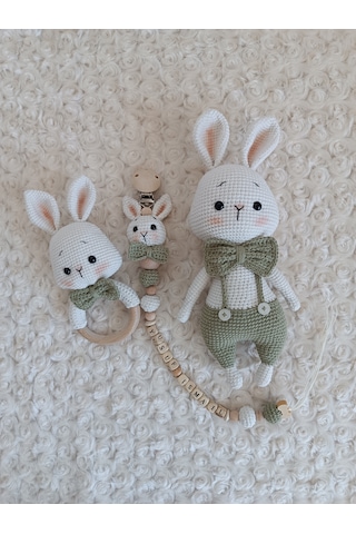 El Yapımı Amigurumi Tavşan Erkek Yeni Doğan Bebek Seti / Kişiye Özel Emzik Zincirine İsim Yazılır / Diş Kaşıyıcı / Hediyelik/