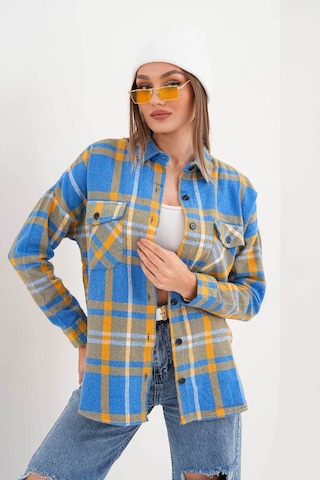 Polologin Butik Kadın Oduncu Mavi Sarı Çizgili Cepli Spor Kesim Gömlek Mavi