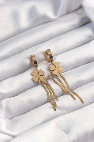 316l Çelik Altın Renk İtalyan Zincirli Yonca Model Halka Küpe