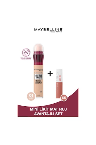 Maybelline New York Instant Eraser Kapatıcı 01 Light & Mini Super Stay Matte Ink Likit Mat Ruj 65 Seductress 2.7ml pktiar01mnmtink-9398 01 Light