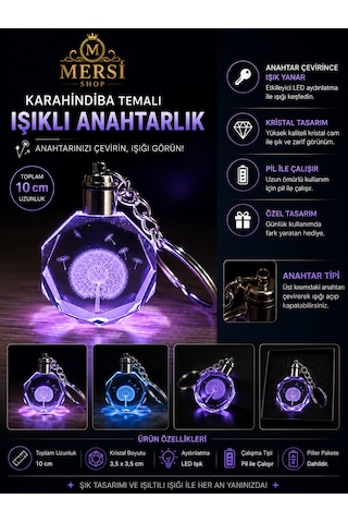 Karahindiba Tasarımlı Işıklı Kristal Anahtarlık Renk Değiştiren Led Anahtarlık Şeffaf