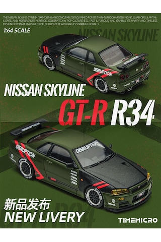 Timemicro 1:64 Nissan Skyline Gt-r R34 Matte Green Disruption Kaput Bagaj Açılır Tm646317 Yeşil