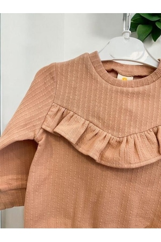 Zekids Kız Çocuk Pamuklu Fırfır Detaylı Taytlı Takım-14295 Kahverengi