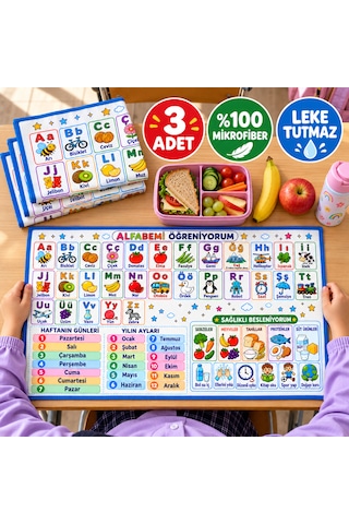 3'lü Eğitici Baskılı Beslenme Örtüsü Seti 30 X 50 Cm, Okul Ve Anaokulu İçin, Yıkanabilir Ve Leke Tutmaz Cok Renkli