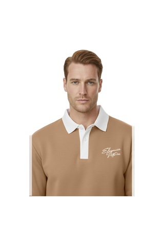 Deepsea Erkek Camel Relax Fit İçi Polarlı Polo Yaka Sweatshirt Pamuklu Kalın Sweatshirt 2600762 Camel
