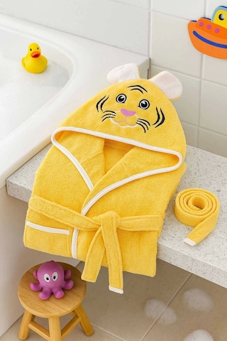 Kapşonlu Unisex %100 Pamuklu Çocuk Banyo Bornozu Tiger 11-12 Yaş
