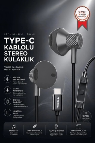 Premium Ofis Gereci Telefon Aksesuarı Günlük Aksesuar Kablolu Kulaklık Type-c Tc05 Gri