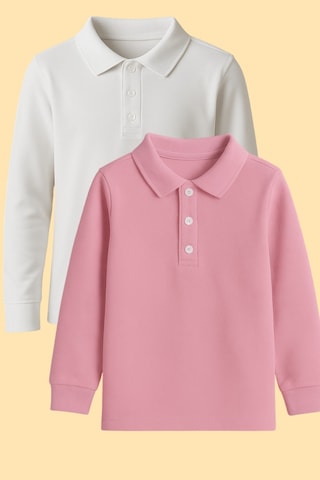 Esila Kids Çocuk Tişört 2'li Uzun Kollu Polo Yaka Tişört Seti - Pamuklu Okul Üniforma - 5-14 Yaş Pembe Ve Beyaz