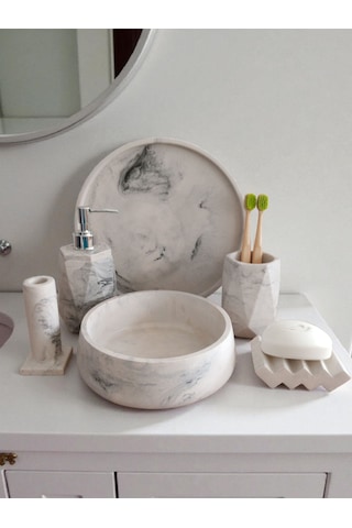 6'lı Mermer Desen Beton Banyo Seti ,sıvı Sabunluk Diş Fırçalığı Aksesuar Takımi,havluluk,tepsi Gri