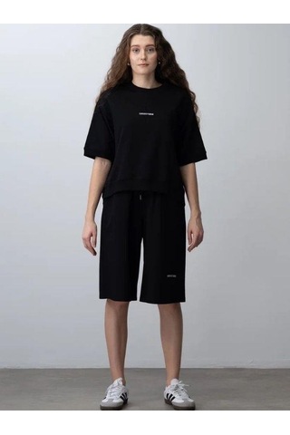 Zekids Kız Çocuk Pamuklu Tasarım Oversize T-shirt Şortlu Takım-15782 Siyah