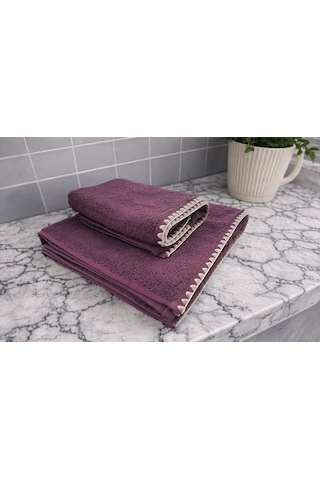 Krem İstiridye Dikişli %100 Pamuk Yumuşak Dokulu Yüksek Su Emici 2'li Banyo Havlu Seti 50x90-70x130 Mor