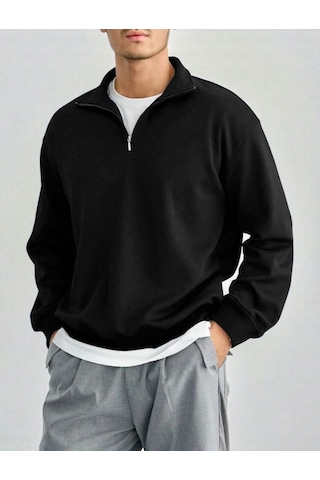Harmandar Siyah Erkek Baskısız Dik Yaka Yarım Fermuarlı Düz Kazak Sweatshirt Siyah