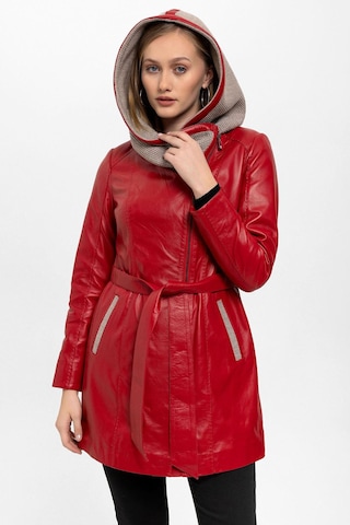 Kırmızı Julia Triko Kapüonlu Kemerli Hakiki Kadın Deri Kaban-kırmızı Kırmızı