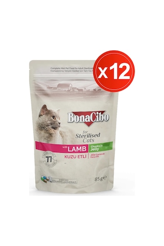 Bonacibo Kuzu Etli Jelly Pouch Kısırlaştırılmış Yetişkin Kedi Yaş Maması 12 x 85 G