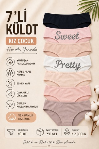 Nicoletta Kız Çocuk Külot 7 Li Paket Pamuklu Likralı Kaşko 742186 Çok Renkli