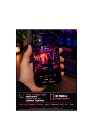 Retro Gün Batımı Araba Temalı Telefon Kılıfı Neon Şehir Tasarım Baskılı Silikon Kılıf Darbeye Dayanıklı Tüm Telefon Modellerine Uyumlu Mavi
